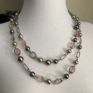 Long Beaded Statement Necklace Silver Tone